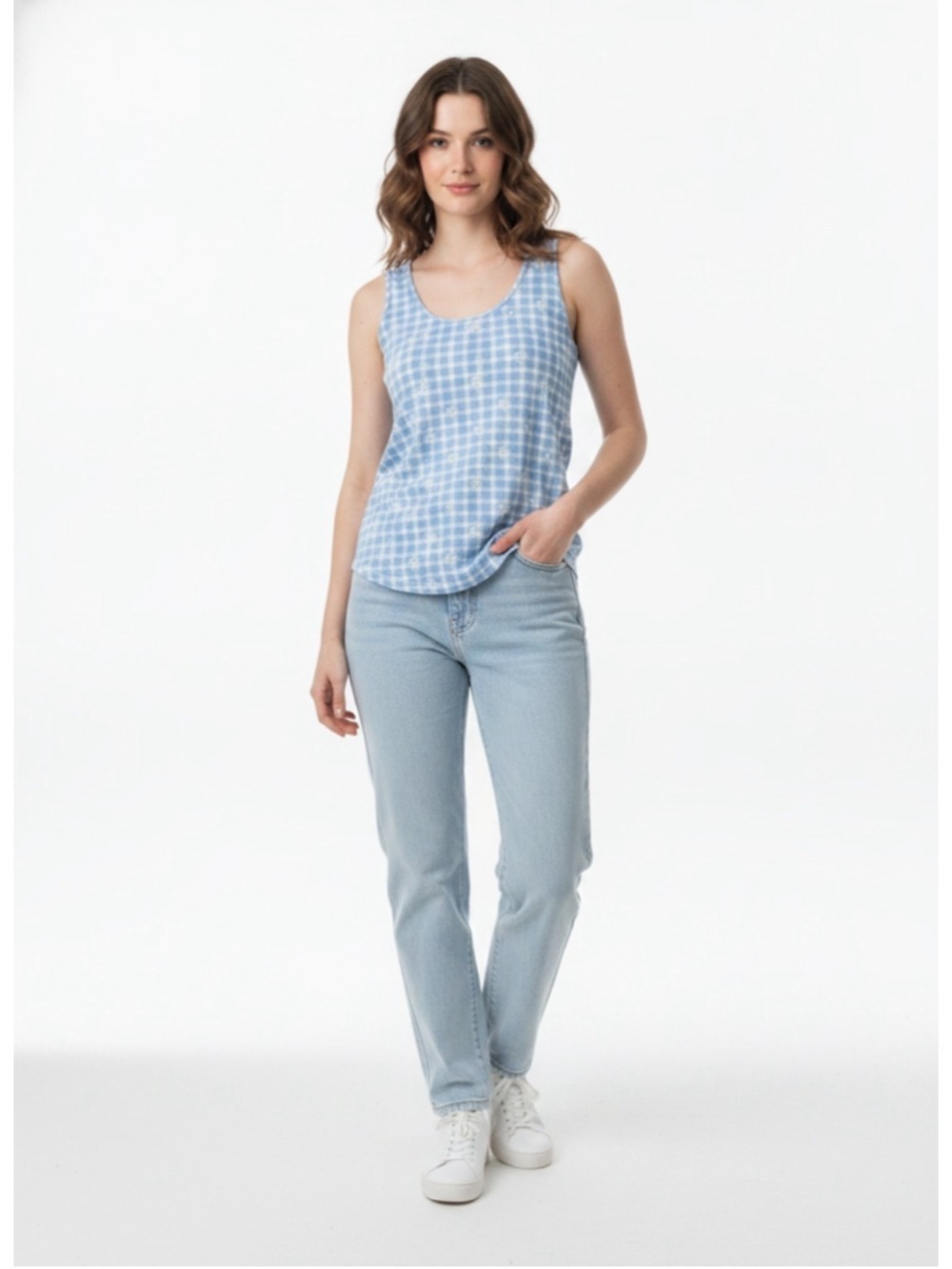Cynthia Rowley Blue Plaid Daisy Print Racerback Tank Cottagecore Coquette